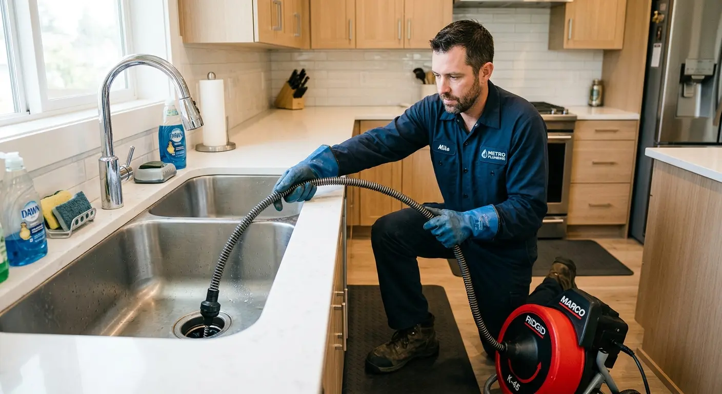 Drain cleaning technician using a motorized snake on a kitchen sink in Crystal Lake
