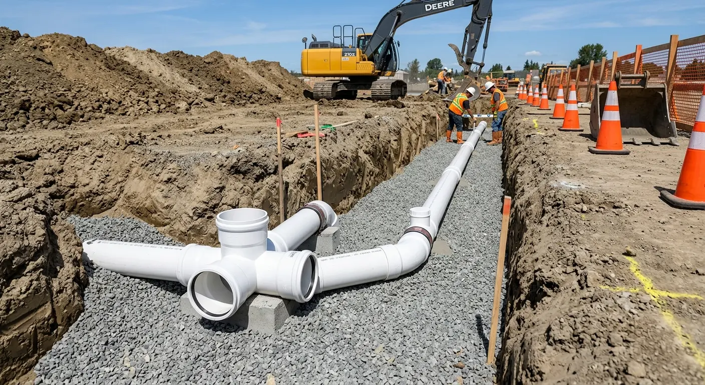 New PVC sewer pipe installation in open trench for Commercial Drain Cleaning in Crystal Lake