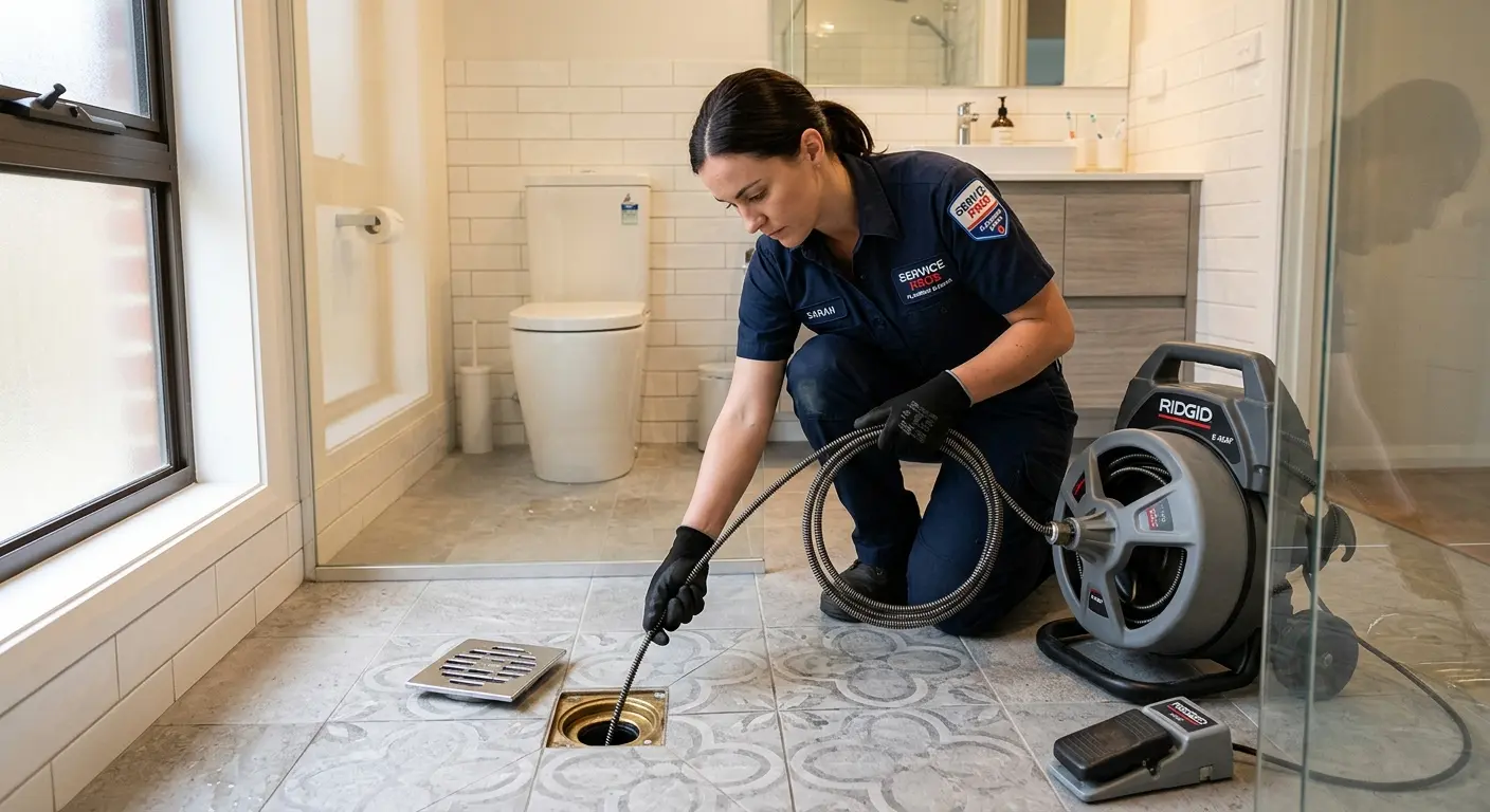 Technician clearing a bathroom floor drain for Drain Cleaning in Crystal Lake